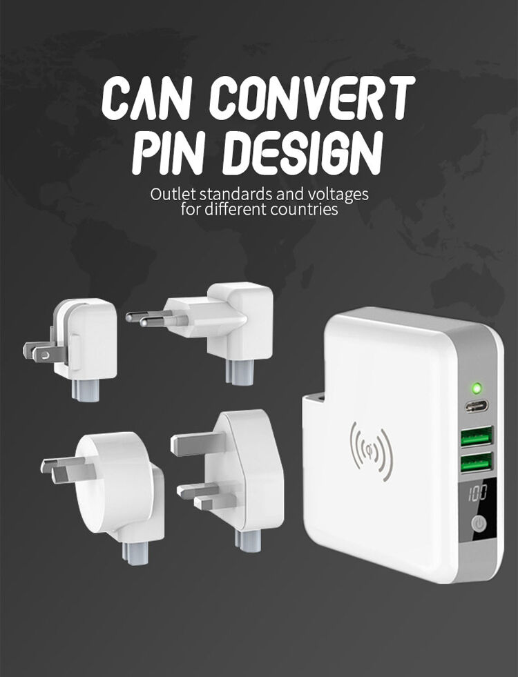 Töltő / power bank 6700mAh különböző csatlakozókkal (AU / UK / US / EU) és vezeték nélküli töltés funkcióval