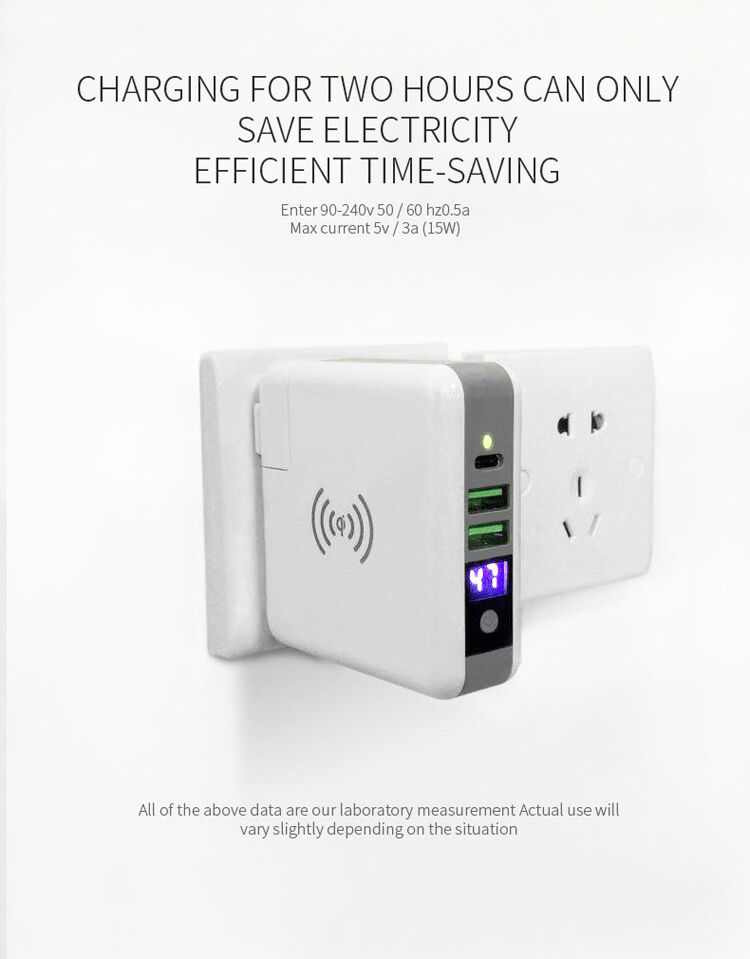 Töltő / power bank 6700mAh különböző csatlakozókkal (AU / UK / US / EU) és vezeték nélküli töltés funkcióval