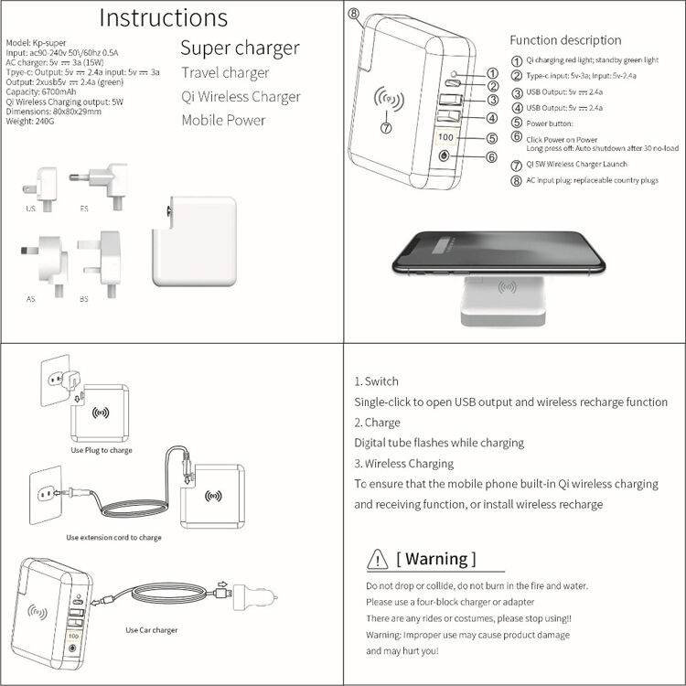 Töltő / power bank 6700mAh különböző csatlakozókkal (AU / UK / US / EU) és vezeték nélküli töltés funkcióval
