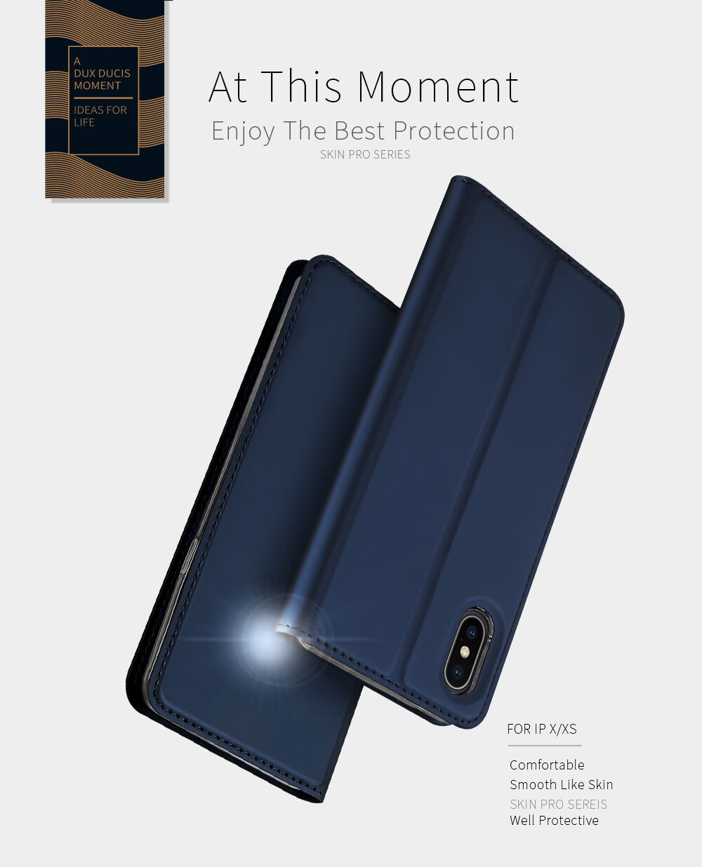 DUX DUCIS tok állvánnyal és okmánytartó zsebbel Apple iPhone XS / iPhone X készülékhez- sötétkék