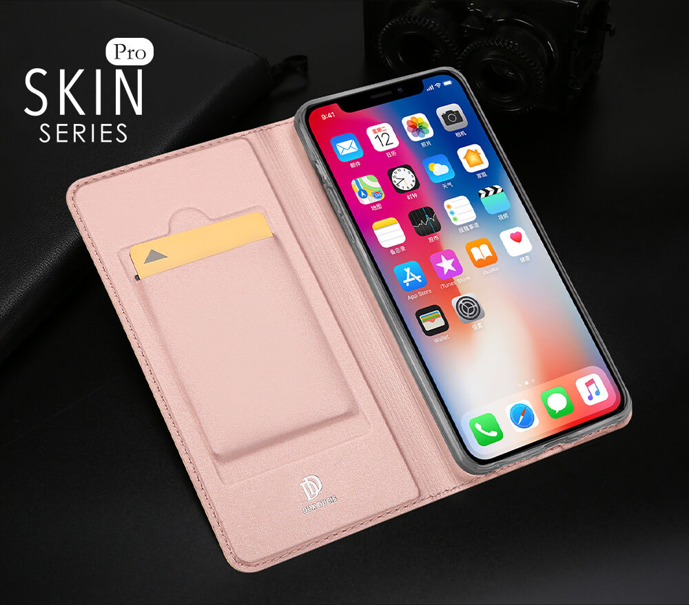 DUX DUCIS tok állvánnyal és okmánytartó rekeszekkel Apple iPhone XS / iPhone X készülékre - rózsaszín-arany