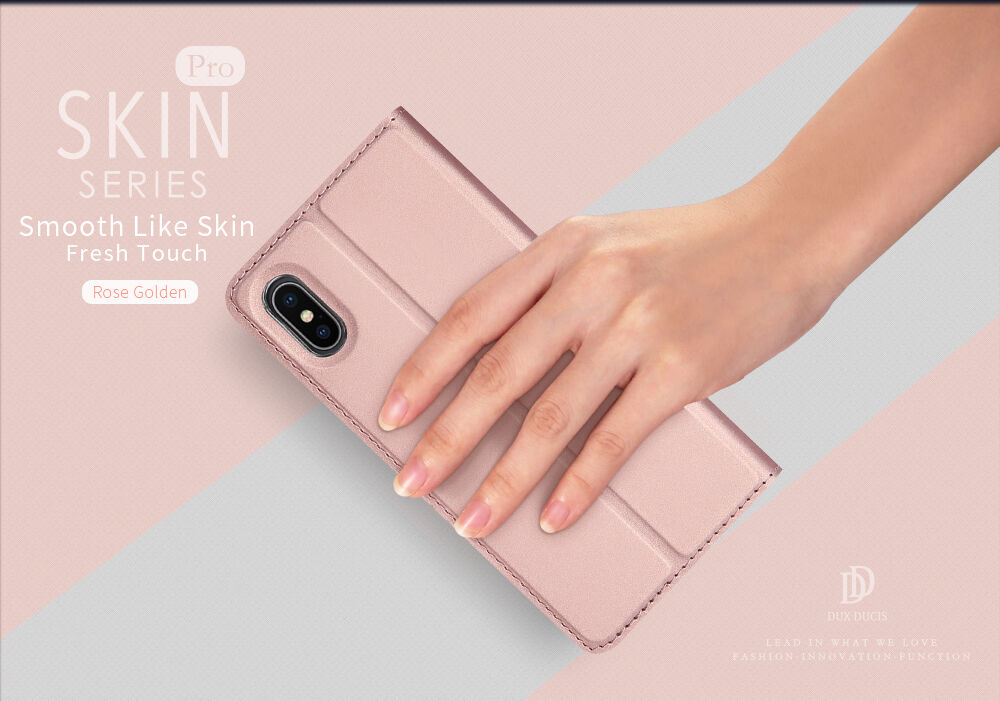 DUX DUCIS tok állvánnyal és okmánytartó rekeszekkel Apple iPhone XS / iPhone X készülékre - arany
