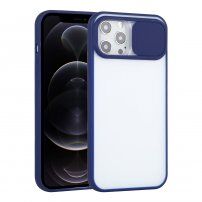Részben átlátszó tok csúsztatható kamera lencse védővel - iPhone 12 Pro - kék