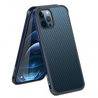 Szénszálas textúrájú tok és védő keret - iPhone 12 / 12 Pro - sötétkék
