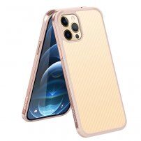 Szénszálas textúrájú tok és védő keret - iPhone 12 mini - rózsaszín-arany