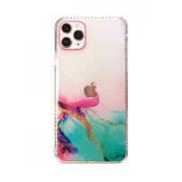Ütésálló átlátszó tok márvány mintával - iPhone 12 / 12 Pro - rózsaszín-türkizkék