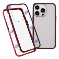 Teljes borító edzett üvegből és fém kerettel - iPhone 13 Pro - piros