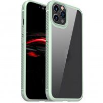 Ütésálló átlátszó tok szénszálas textúrával - iPhone 12 / 12 Pro - zöld