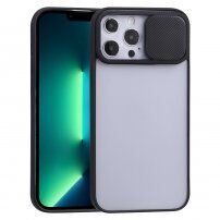Részben átlátszó tok csúsztatható kamera lencse védővel - iPhone 13 Pro Max - fekete