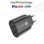 40W-os gyorstöltő adapter dupla porttal PD USB-C / QC USB-C - iPhone / iPad - fekete