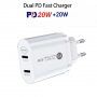 40W-os gyorstöltő adapter dupla porttal PD USB-C / QC USB-C - iPhone / iPad - fehér