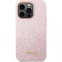 Guess Glitter Flakes Metal Logo csillogó tok - iPhone 14 Pro Max - rózsaszín