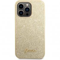 Guess Glitter Flakes Metal Logo csillogó tok - iPhone 14 Pro Max - arany