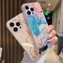 Fényes márványmintás tok - iPhone 13 Pro - kék-rózsaszín