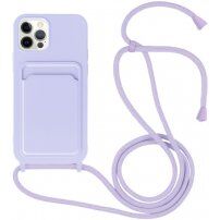Szilikon tok zsinórral és kártyatároló rekesszel - iPhone 11 Pro - lila