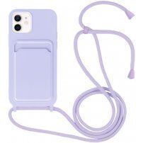 Szilikon tok zsinórral és kártyatároló rekesszel - iPhone 12 / 12 Pro - lila