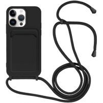 Szilikon tok zsinórral és kártyatároló rekesszel - iPhone 13 Pro - fekete