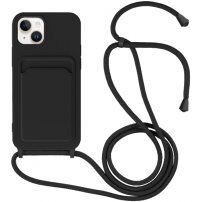 Szilikon tok zsinórral és kártyatároló rekesszel - iPhone 14 - fekete