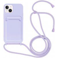Szilikon tok zsinórral és kártyatároló rekesszel - iPhone 14 Plus - lila