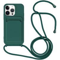Szilikon tok zsinórral és kártyatároló rekesszel - iPhone 14 Pro Max - petróleum színű