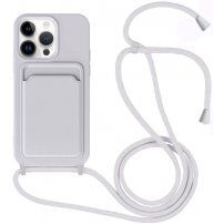Szilikon tok zsinórral és kártyatároló rekesszel - iPhone 14 Pro Max - szürke