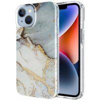 Márványmintás csillogó tok - iPhone 14 Plus - arany-szürke