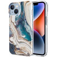 Márványmintás csillogó tok - iPhone 14 Plus - türkizkék-arany