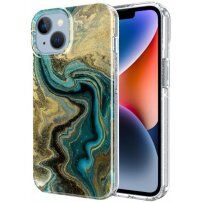 Márványmintás csillogó tok - iPhone 14 Plus - petróleum színű