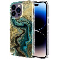 Márványmintás csillogó tok - iPhone 14 Pro Max - petróleum színű