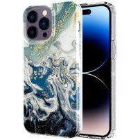 Márványmintás csillogó tok - iPhone 14 Pro Max - sötétkék