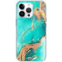 Fényes márványmintás tok - iPhone 13 Pro - türkizkék