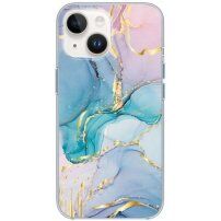 Fényes márványmintás tok - iPhone 14 Plus - kék-rózsaszín