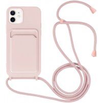 Szilikon tok zsinórral és kártyatároló rekesszel - iPhone 11 - rózsaszín