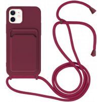 Szilikon tok zsinórral és kártyatároló rekesszel - iPhone 11 - borvörös