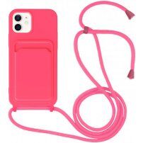 Szilikon tok zsinórral és kártyatároló rekesszel - iPhone 11 - neon rózsaszín