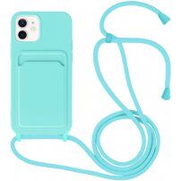 Szilikon tok zsinórral és kártyatároló rekesszel - iPhone 11 - türkizkék