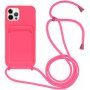 Szilikon tok zsinórral és kártyatároló rekesszel - iPhone 12 Pro Max - neon rózsaszín