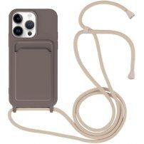 Szilikon tok zsinórral és kártyatároló rekesszel - iPhone 13 Pro - sötétbarna