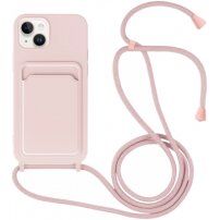 Szilikon tok zsinórral és kártyatároló rekesszel - iPhone 14 Plus - rózsaszín