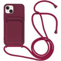 Szilikon tok zsinórral és kártyatároló rekesszel - iPhone 14 Plus - borvörös
