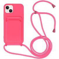 Szilikon tok zsinórral és kártyatároló rekesszel - iPhone 14 Plus - neon rózsaszín
