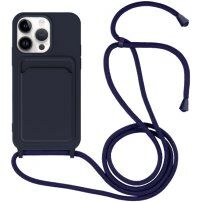 Szilikon tok zsinórral és kártyatároló rekesszel - iPhone 14 Pro Max - sötétkék