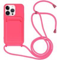 Szilikon tok zsinórral és kártyatároló rekesszel - iPhone 14 Pro Max - neon rózsaszín