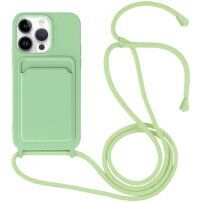 Szilikon tok zsinórral és kártyatároló rekesszel - iPhone 14 Pro Max - zöld
