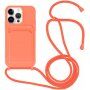 Szilikon tok zsinórral és kártyatároló rekesszel - iPhone 14 Pro Max - neon narancssárga