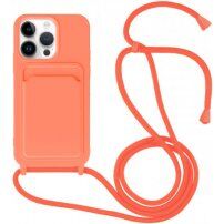 Szilikon tok zsinórral és kártyatároló rekesszel - iPhone 14 Pro Max - neon narancssárga