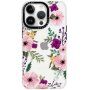 Csillogó, mintás transzperens tok - iPhone 13 Pro - rózsaszín virágok
