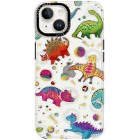 Csillogó, mintás transzperens tok - iPhone 14 Plus - dinoszauruszok