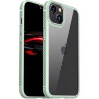 Ütésálló átlátszó tok szénszálas textúrával - iPhone 14 Plus - zöld
