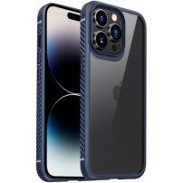 Ütésálló átlátszó tok szénszálas textúrával - iPhone 14 Pro - kék